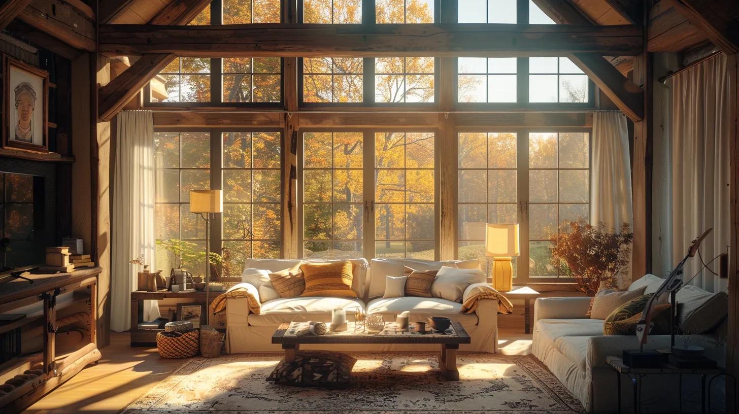 a warm, inviting rustic farmhouse interior showcases natural wood beams, plush textiles, and copper accents, bathed in soft, golden sunlight filtering through large windows. a warm, inviting rustic farmhouse interior showcases natural wood beams, plush textiles, and copper accents, bathed in soft, golden sunlight filtering through large windows.