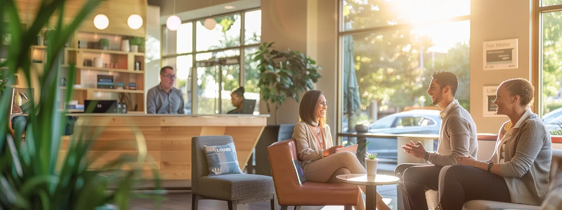 a warmly lit chiropractic clinic reception area showcases diverse patients engaging in compassionate discussions about their successful treatment experiences, embodying a supportive community atmosphere focused on wellness and personalized care.