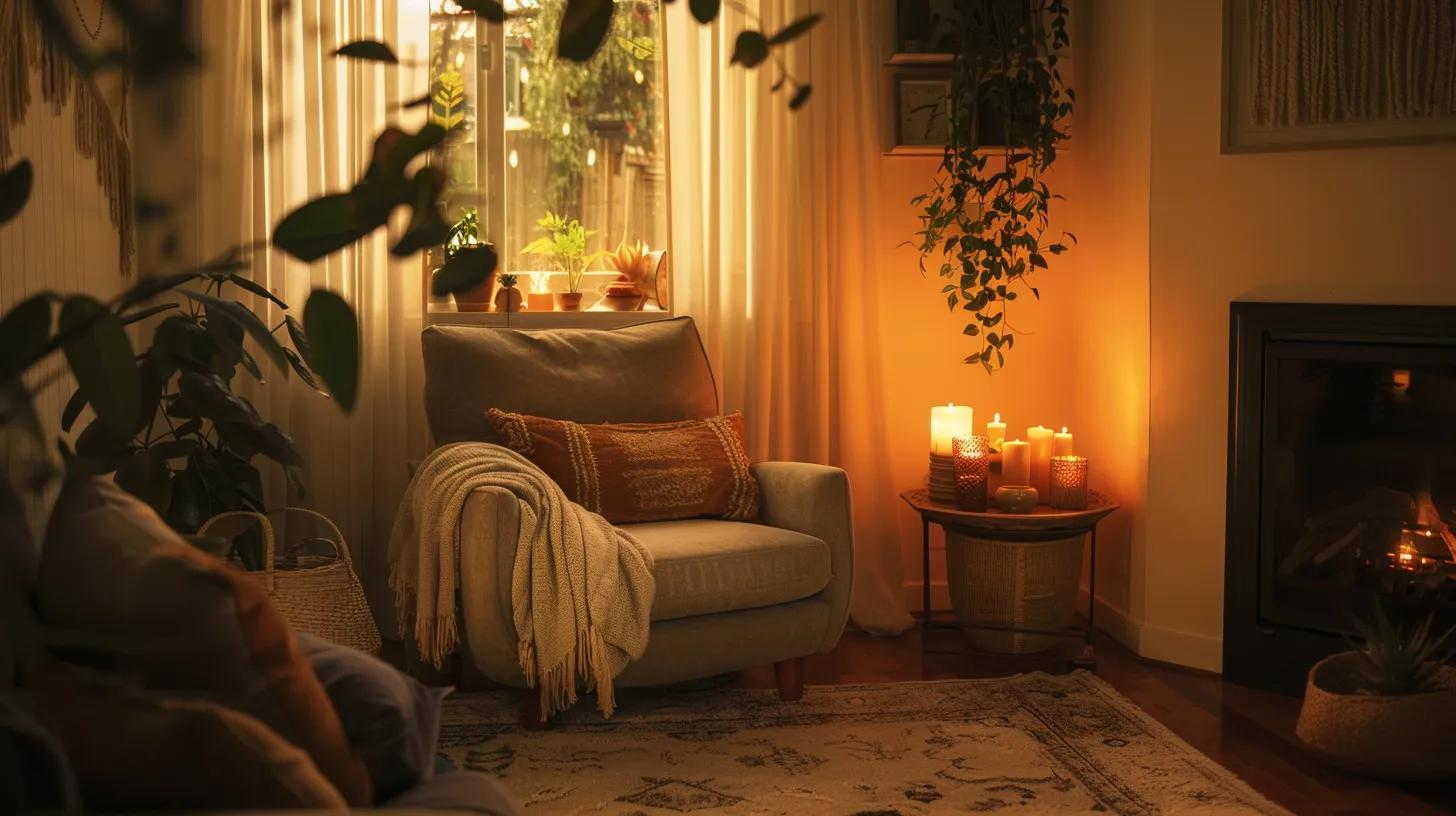 a warmly lit, inviting living room features a plush chair surrounded by thoughtfully arranged cozy textiles, soft ambient lighting, and personal decor that creates a serene sanctuary for relaxation.