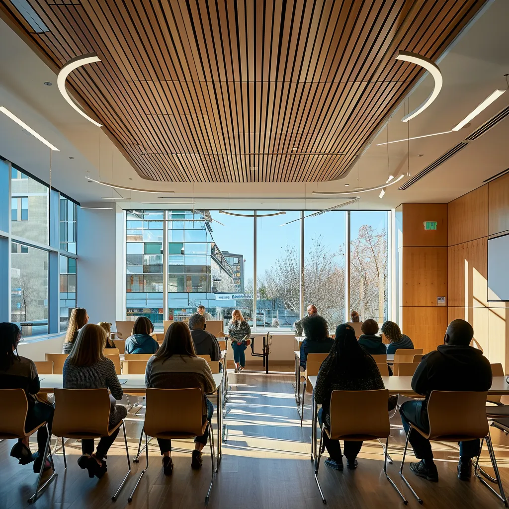 a warmly lit, modern community center meeting room filled with a diverse group of individuals engaged in open discussions, reflecting a vibrant, inclusive atmosphere.
