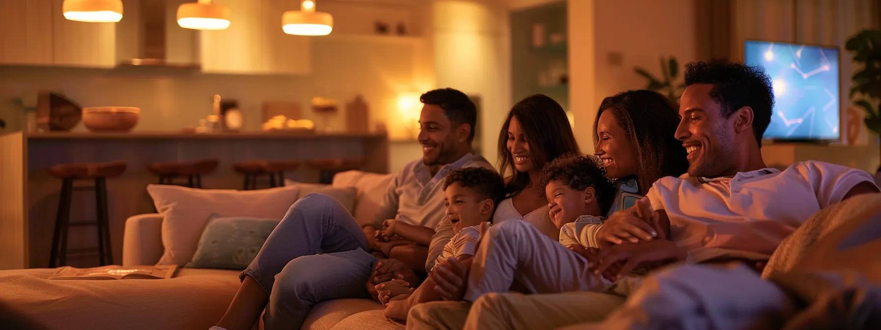a warmly lit, modern family living room filled with engaged parents and children sharing a moment of joyful interaction, embodying the essence of positive parenting practices through open communication and emotional connection.