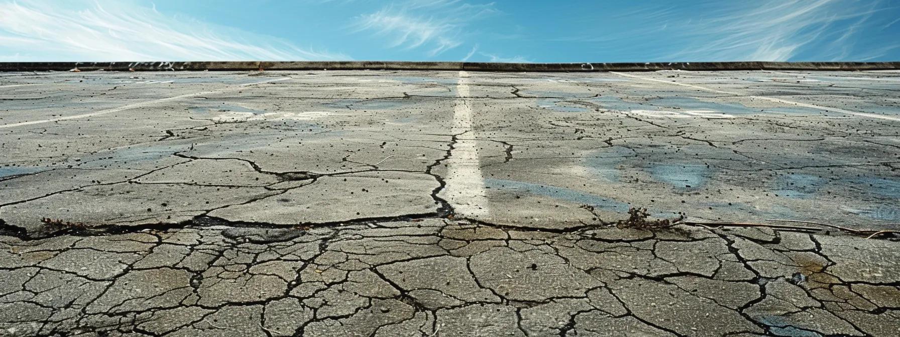 a weathered asphalt parking lot, dotted with cracks and faded markings, under a bright blue sky, epitomizing the urgent need for maintenance. a weathered asphalt parking lot, dotted with cracks and faded markings, under a bright blue sky, epitomizing the urgent need for maintenance.