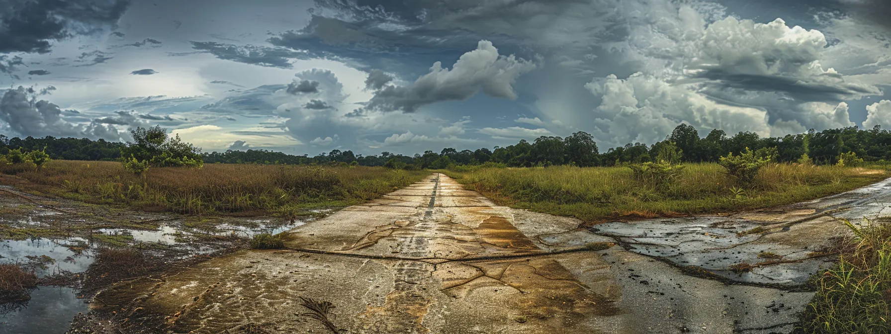 a weathered asphalt road meanders through a vibrant landscape, highlighted by contrasting patches of resilient vegetation and pooling rainwater, showcasing the stark effects of environmental factors on surface durability under a dramatic, cloudy sky.