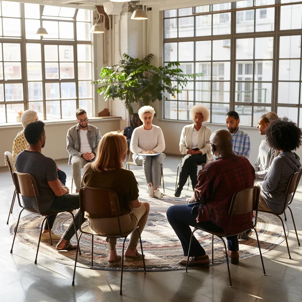 a welcoming conference room is filled with attentive participants seated in a circle, as a diverse facilitator engages the group with an encouraging expression, creating an atmosphere of openness and support for a mental health discussion.