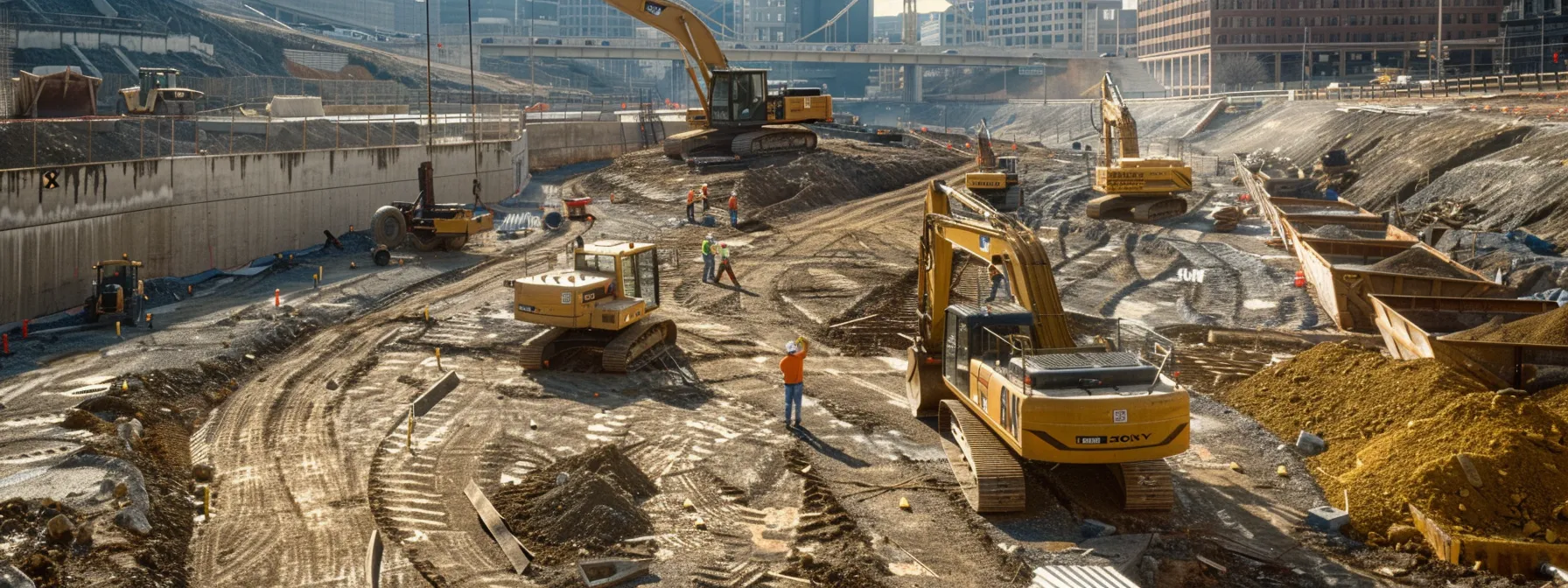 a well-organized urban construction site in pittsburgh showcases heavy machinery in action, with workers discussing land leveling techniques around marked survey points and freshly dug earth, under a clear sky indicating a focused project timeline.