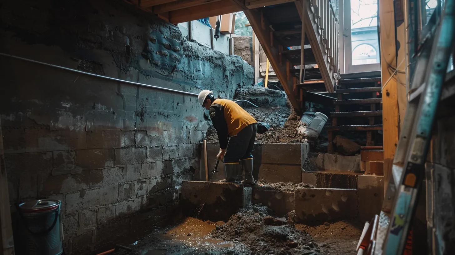 a well-lit residential basement showcases the waterproofing process with exposed concrete walls, as a contractor in safety gear expertly seals cracks with hydraulic cement while another installs a french drain, emphasizing the importance of protecting property investments in pittsburgh. a well-lit residential basement showcases the waterproofing process with exposed concrete walls, as a contractor in safety gear expertly seals cracks with hydraulic cement while another installs a french drain, emphasizing the importance of protecting property investments in pittsburgh.