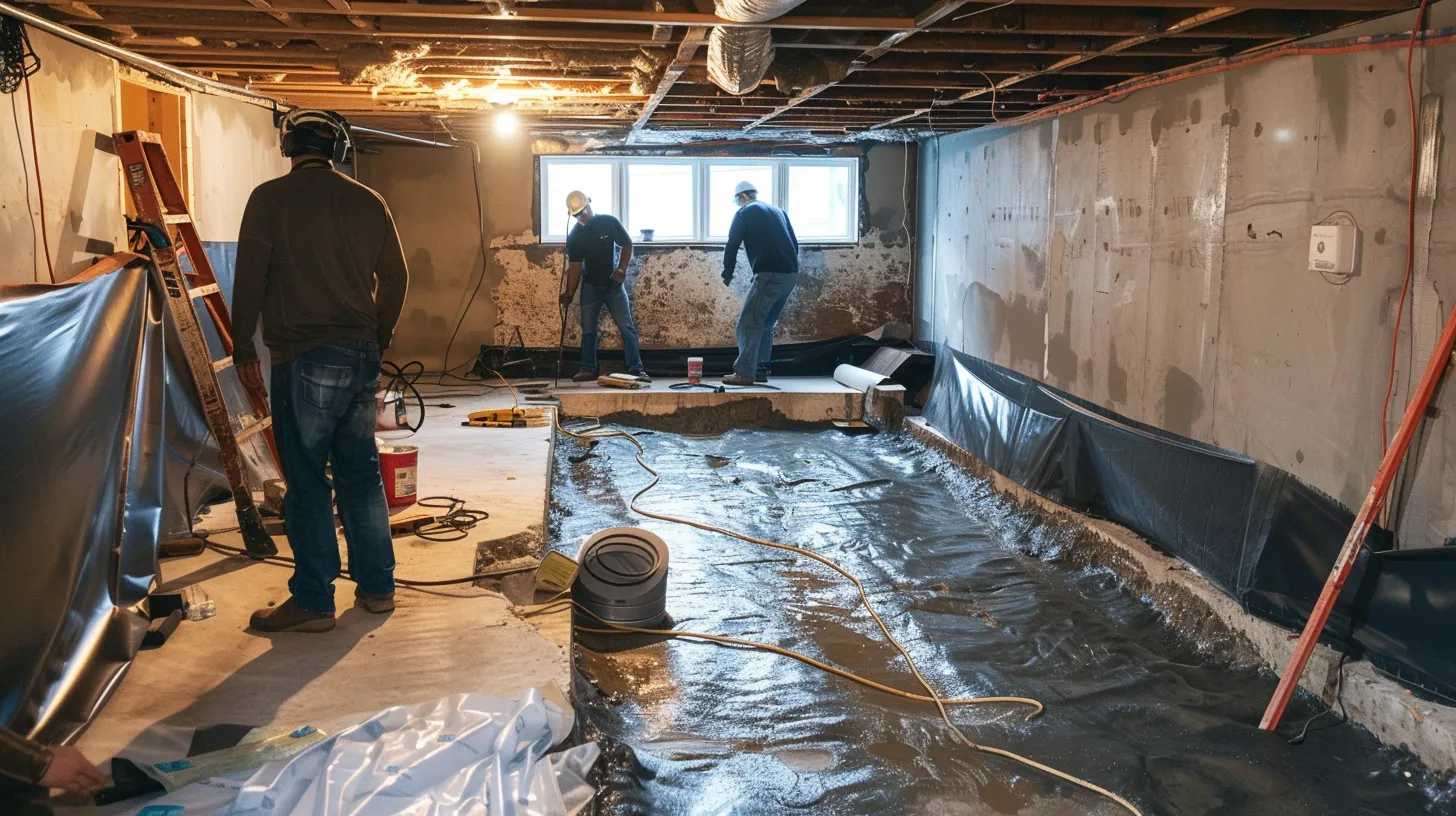 a well-lit residential basement showcases expert waterproofing in progress, featuring contractors applying waterproof membranes to exposed concrete walls, sealing cracks with hydraulic cement, and installing a french drain, all within a clean and professional workspace. a well-lit residential basement showcases expert waterproofing in progress, featuring contractors applying waterproof membranes to exposed concrete walls, sealing cracks with hydraulic cement, and installing a french drain, all within a clean and professional workspace.