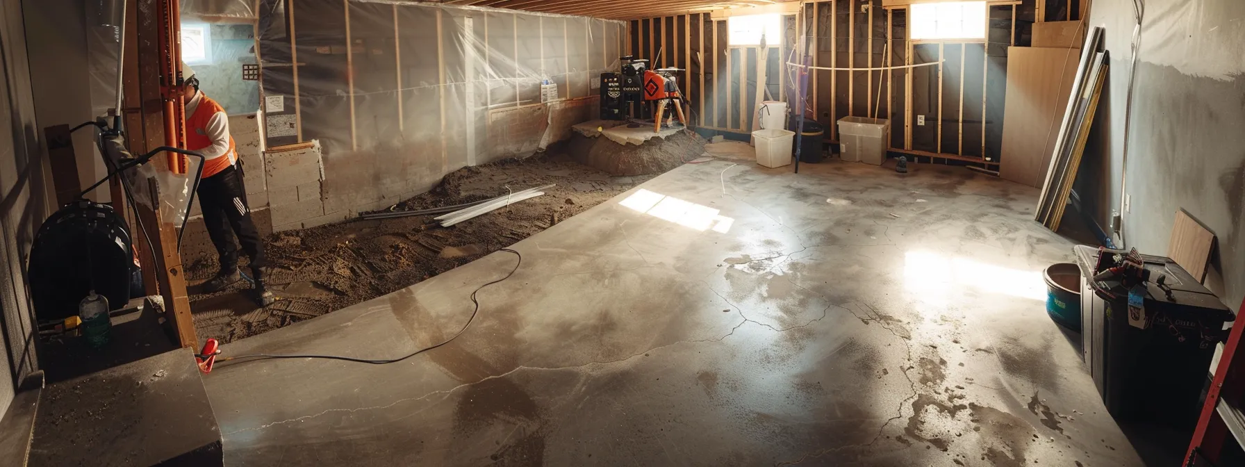 a well-lit basement showcases the waterproofing process, featuring exposed concrete walls and flooring, with contractors in safety gear applying waterproofing membranes, sealing cracks with hydraulic cement, and preparing to install a sump pump, creating a clean and professional workspace. a well-lit basement showcases the waterproofing process, featuring exposed concrete walls and flooring, with contractors in safety gear applying waterproofing membranes, sealing cracks with hydraulic cement, and preparing to install a sump pump, creating a clean and professional workspace.