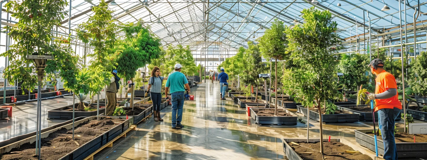 a well-organized nursery showcases young trees in meticulous rows, with professionals actively engaged in structured care activities like watering, mulching, and pruning, all under a bright, evenly lit indoor facility. a well-organized nursery showcases young trees in meticulous rows, with professionals actively engaged in structured care activities like watering, mulching, and pruning, all under a bright, evenly lit indoor facility.