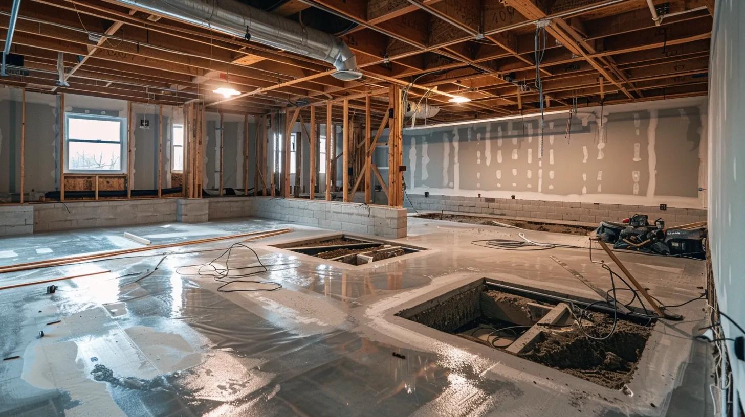 a well-lit basement showcases a professional waterproofing process, with bright hydraulic cement being applied to cracks in the exposed concrete walls and a french drain being installed around the perimeter, emphasizing the effective management of groundwater intrusion and the creation of a safe, dry space. a well-lit basement showcases a professional waterproofing process, with bright hydraulic cement being applied to cracks in the exposed concrete walls and a french drain being installed around the perimeter, emphasizing the effective management of groundwater intrusion and the creation of a safe, dry space.
