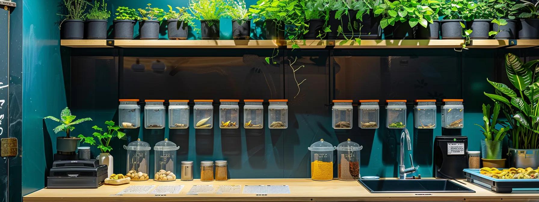 a well-organized modern office space showcases a vibrant and meticulously arranged feeding station for veiled chameleons, featuring various feeding containers filled with insects and a clear schedule board displaying feeding frequencies for juveniles and adults.