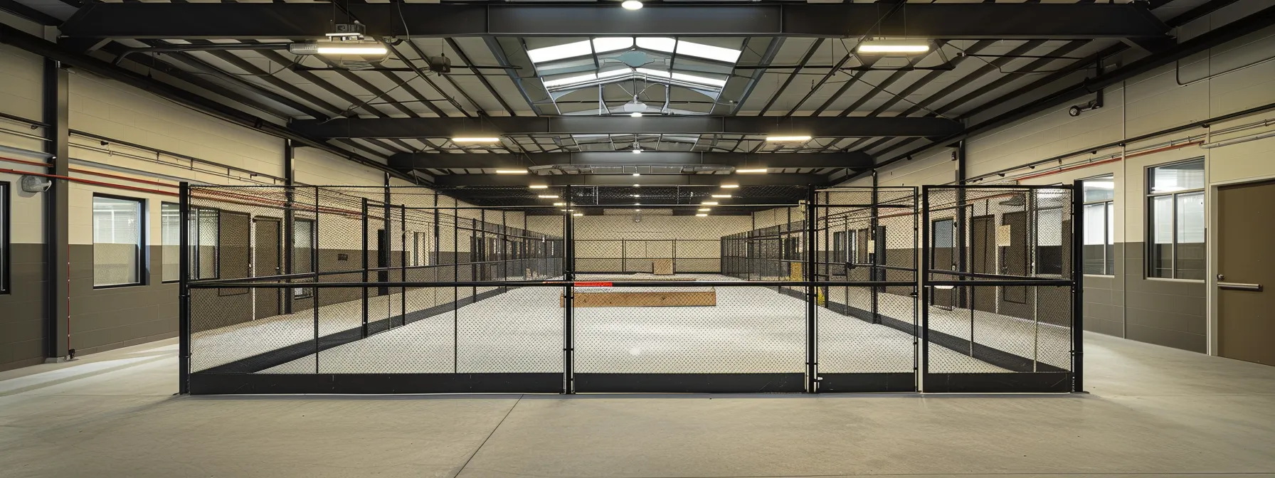 a well-structured dog boarding facility features secure fencing, distinct separation areas for doodles and retrievers, and sturdy indoor kennels, all under bright, artificial lighting to emphasize a safe and comfortable environment.