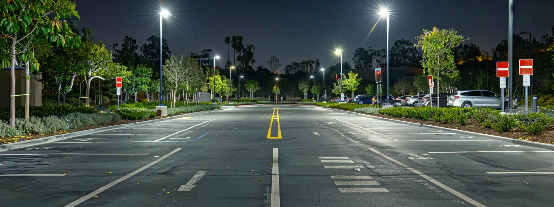 a well-organized san diego parking lot showcases clearly marked wheel stops and compliant signage under bright artificial lighting, highlighting the importance of adherence to local parking regulations for enhanced safety and accessibility.