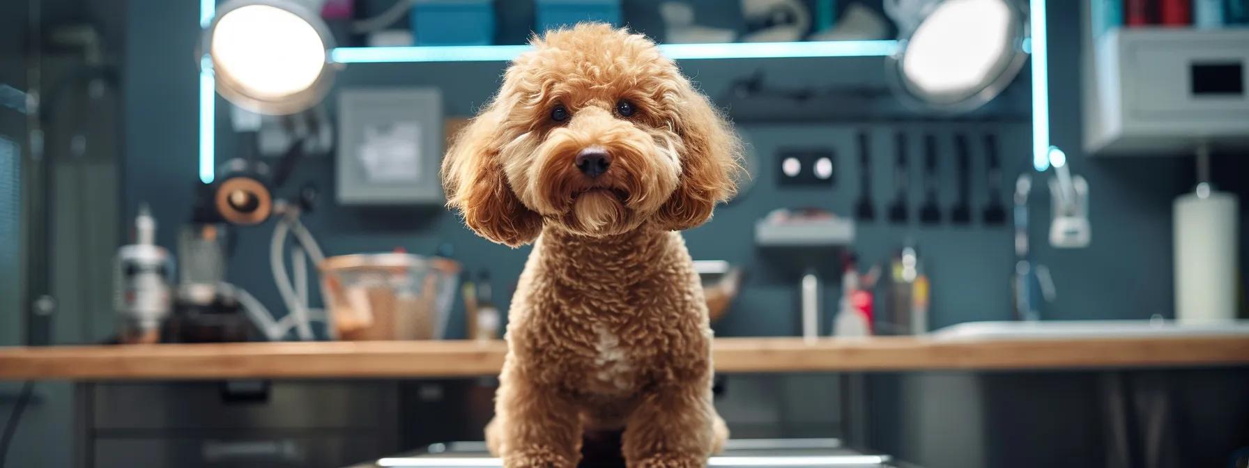 a well-groomed bernedoodle sits confidently on a sleek, modern grooming table surrounded by professional tools, showcasing its meticulously trimmed nails under polished studio lighting, emphasizing the significance of proper nail care in pet grooming.