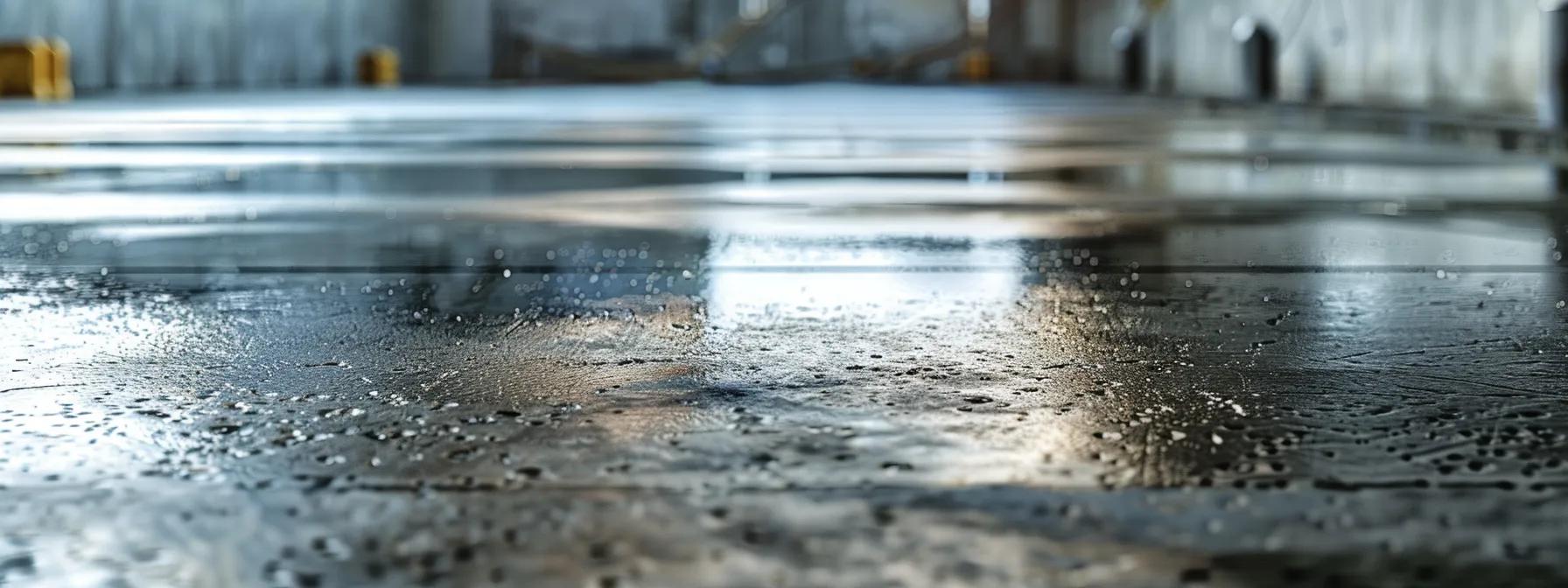 a well-maintained concrete parking lot in an urban setting is showcased, highlighting smooth, clean surfaces with freshly applied sealant in progress and a professional team inspecting for cracks, emphasizing longevity and safety.