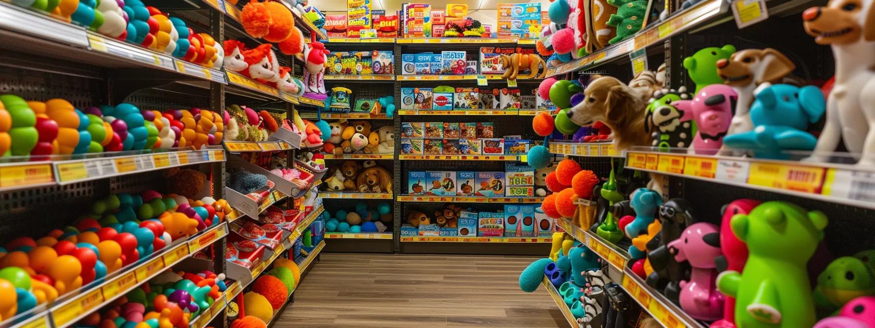 a well-organized pet store aisle showcases an array of vibrant and engaging interactive puzzle toys for dogs, neatly categorized by complexity and behavioral outcomes, under bright, focused artificial lighting that highlights each toy's unique features. a well-organized pet store aisle showcases an array of vibrant and engaging interactive puzzle toys for dogs, neatly categorized by complexity and behavioral outcomes, under bright, focused artificial lighting that highlights each toy's unique features.