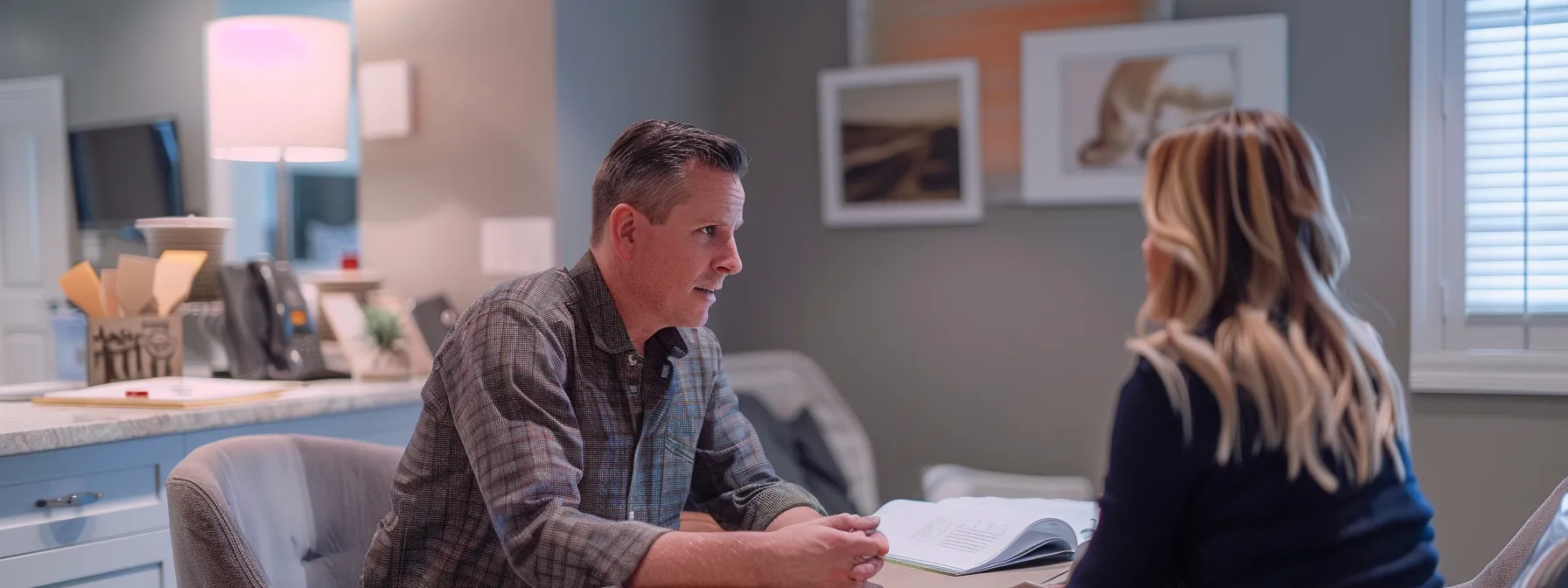 a well-lit consultation room showcases a confident homeowner engaged in a detailed discussion with a professional contractor, highlighting transparency and collaboration in basement waterproofing planning. a well-lit consultation room showcases a confident homeowner engaged in a detailed discussion with a professional contractor, highlighting transparency and collaboration in basement waterproofing planning.