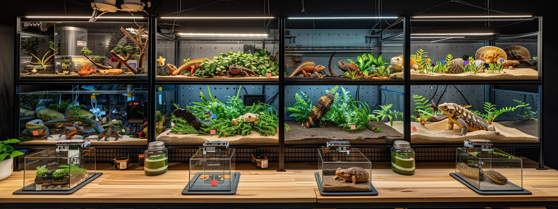 a well-organized reptile care workspace showcases various leading safe substrates for enclosures, each labeled clearly on a sleek, modern table under bright, focused lighting, emphasizing their distinct textures and moisture-retaining properties. a well-organized reptile care workspace showcases various leading safe substrates for enclosures, each labeled clearly on a sleek, modern table under bright, focused lighting, emphasizing their distinct textures and moisture-retaining properties.