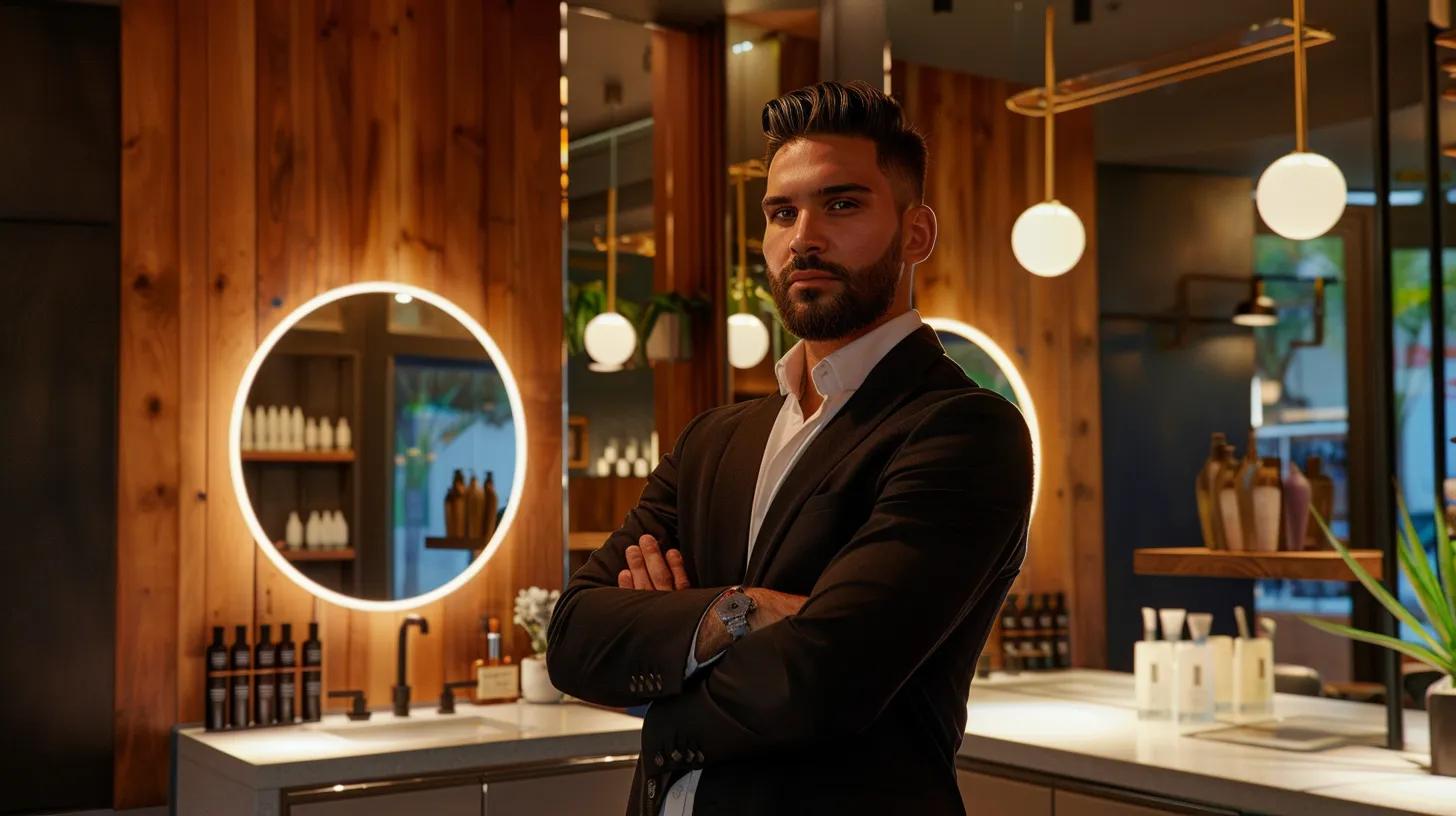 a well-groomed man stands confidently in a modern barbershop, surrounded by sleek mirrors and stylish grooming tools, showcasing his expertly threaded facial hair under warm, ambient lighting.