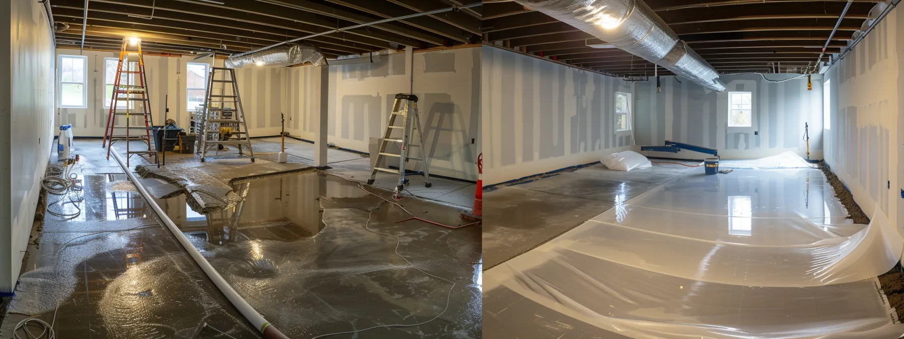 a well-lit residential basement showcases a contractor applying waterproofing membranes on exposed concrete walls, while another installs a french drain along the perimeter, emphasizing a comprehensive waterproofing strategy amidst a clean and professional workspace. a well-lit residential basement showcases a contractor applying waterproofing membranes on exposed concrete walls, while another installs a french drain along the perimeter, emphasizing a comprehensive waterproofing strategy amidst a clean and professional workspace.
