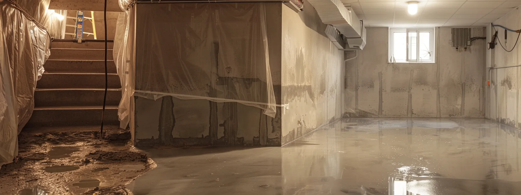 a well-lit basement showcases a professional waterproofing process, with contractors applying waterproofing membranes to exposed concrete walls and installing a french drain, highlighting the importance of meticulous craftsmanship in home protection. a well-lit basement showcases a professional waterproofing process, with contractors applying waterproofing membranes to exposed concrete walls and installing a french drain, highlighting the importance of meticulous craftsmanship in home protection.
