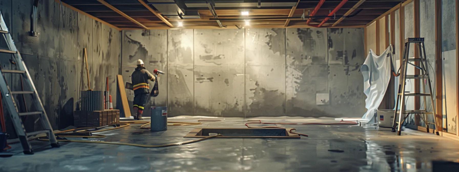 a well-lit basement showcases the waterproofing process, featuring exposed concrete walls as a contractor, clad in safety gear, skillfully seals cracks with hydraulic cement while another installs a sleek french drain, emphasizing a clean and professional renovation environment. a well-lit basement showcases the waterproofing process, featuring exposed concrete walls as a contractor, clad in safety gear, skillfully seals cracks with hydraulic cement while another installs a sleek french drain, emphasizing a clean and professional renovation environment.