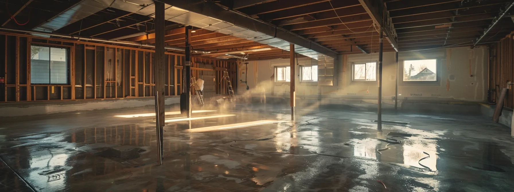 a well-lit basement undergoes a professional waterproofing process, showcasing exposed concrete walls and flooring as contractors apply waterproof membranes and install a french drain, creating a clean and efficient workspace. a well-lit basement undergoes a professional waterproofing process, showcasing exposed concrete walls and flooring as contractors apply waterproof membranes and install a french drain, creating a clean and efficient workspace.