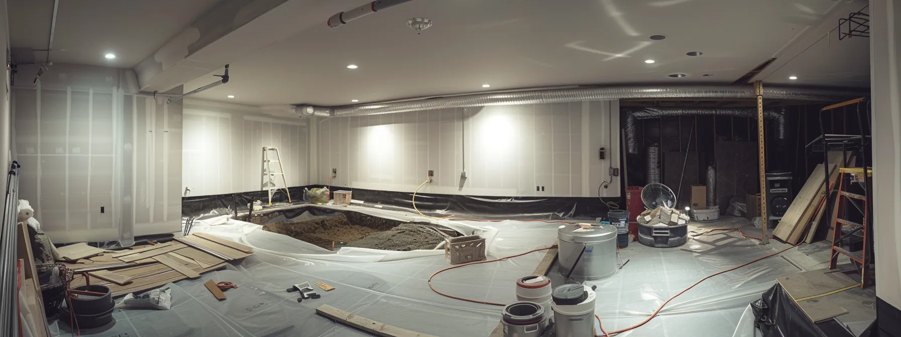 a well-lit residential basement showcases a professional waterproofing process, featuring exposed concrete walls with waterproof membranes being applied, a contractor sealing cracks with hydraulic cement, and a new sump pump ready for installation, all in a clean and organized workspace. a well-lit residential basement showcases a professional waterproofing process, featuring exposed concrete walls with waterproof membranes being applied, a contractor sealing cracks with hydraulic cement, and a new sump pump ready for installation, all in a clean and organized workspace.