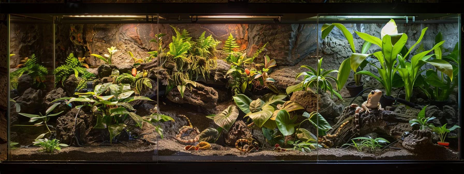a well-designed reptile terrarium illuminated by a combination of ceramic heat emitters and precise heat lamps showcases a balanced environment tailored for crested geckos, with a clear emphasis on efficient temperature management and optimal basking areas. a well-designed reptile terrarium illuminated by a combination of ceramic heat emitters and precise heat lamps showcases a balanced environment tailored for crested geckos, with a clear emphasis on efficient temperature management and optimal basking areas.