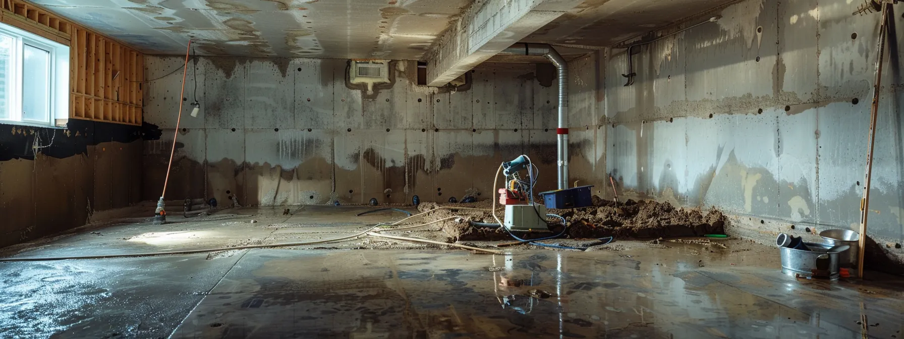 a well-lit residential basement showcases a professional waterproofing project in progress, featuring exposed concrete walls, a contractor applying waterproofing membranes, another sealing cracks with hydraulic cement, and a sump pump ready for installation beside a freshly laid french drain. a well-lit residential basement showcases a professional waterproofing project in progress, featuring exposed concrete walls, a contractor applying waterproofing membranes, another sealing cracks with hydraulic cement, and a sump pump ready for installation beside a freshly laid french drain.