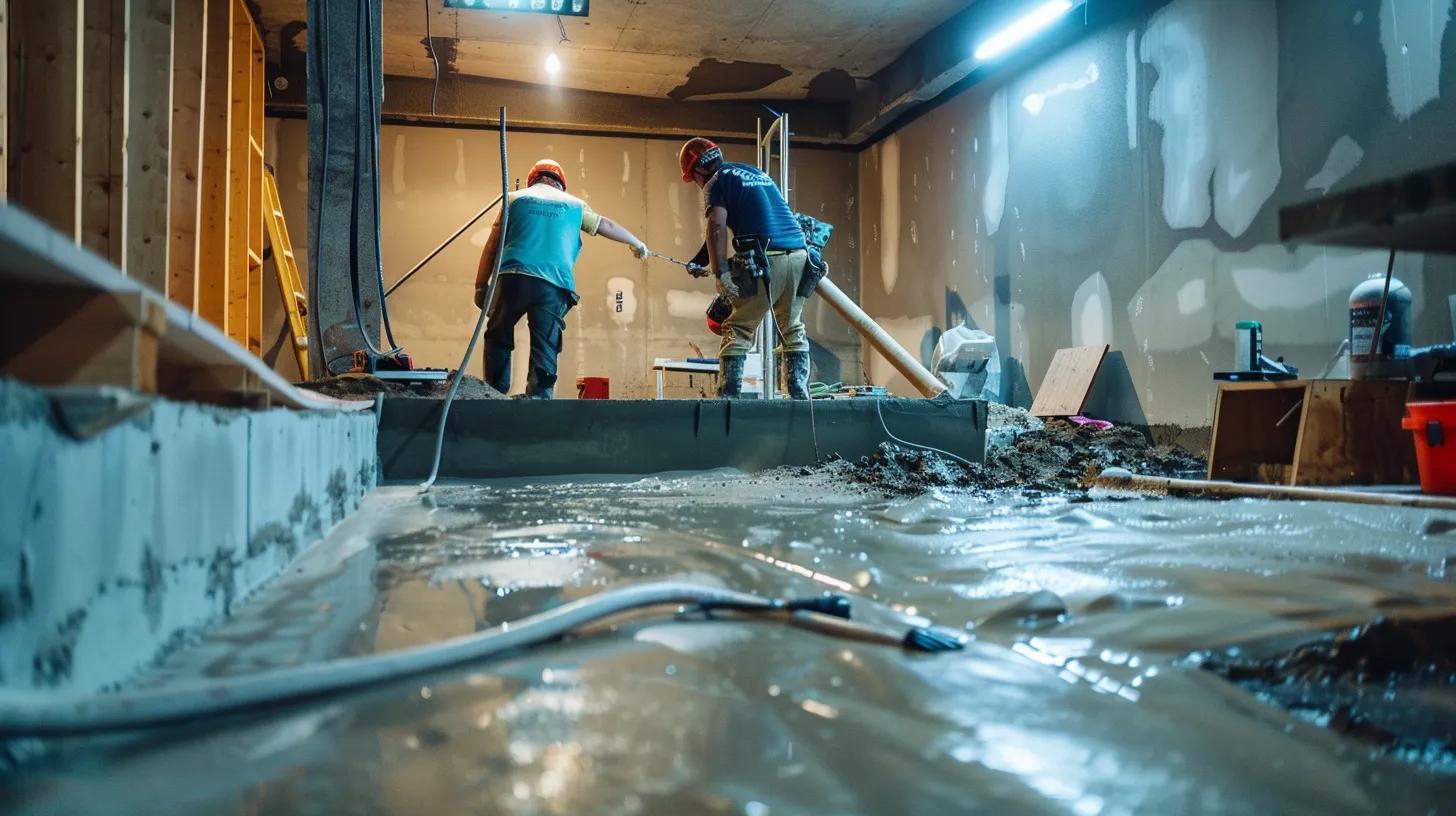 a well-lit basement showcases a professional waterproofing process, featuring exposed concrete walls and flooring as a contractor in safety gear methodically seals cracks with hydraulic cement while another installs a french drain, all set in a clean, organized workspace. a well-lit basement showcases a professional waterproofing process, featuring exposed concrete walls and flooring as a contractor in safety gear methodically seals cracks with hydraulic cement while another installs a french drain, all set in a clean, organized workspace.