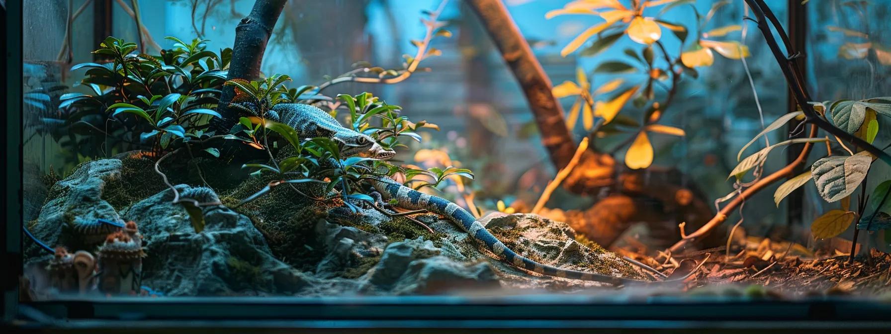 a well-lit terrarium featuring a carefully positioned reptile heat lamp, showcasing a temperature control thermostat and protective elements to ensure the safety and health of the housed reptiles. a well-lit terrarium featuring a carefully positioned reptile heat lamp, showcasing a temperature control thermostat and protective elements to ensure the safety and health of the housed reptiles.