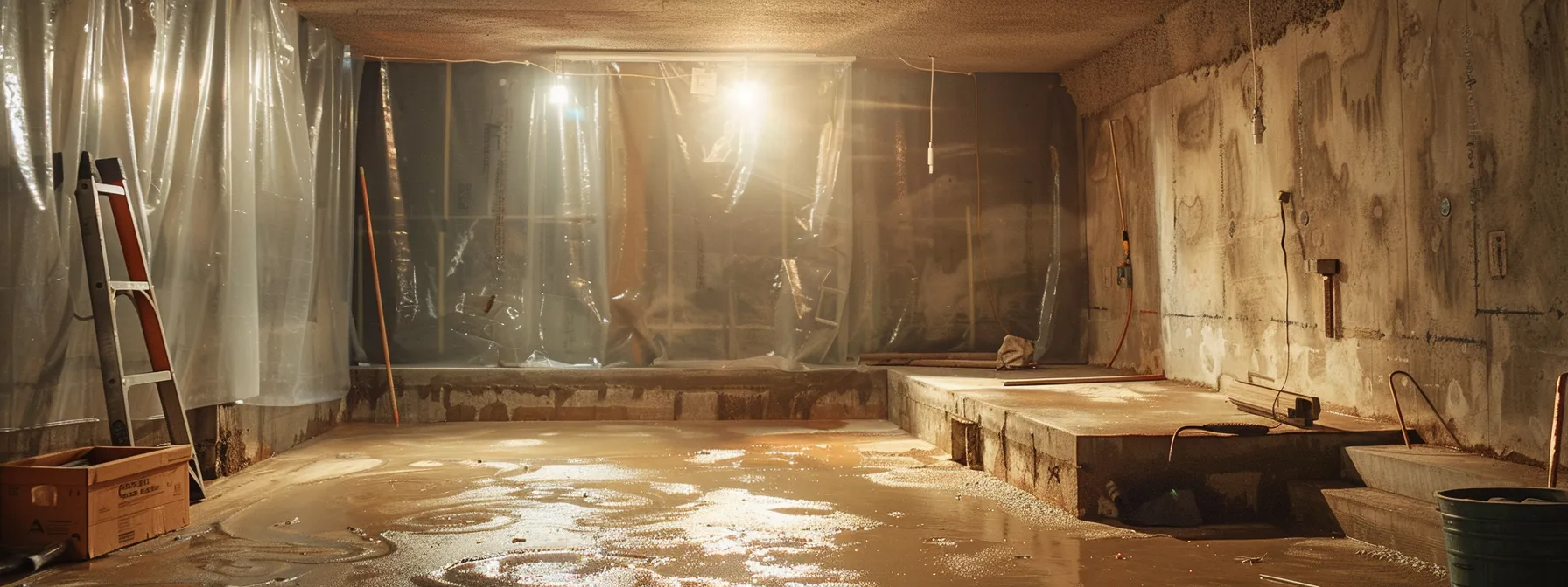 a well-lit residential basement showcases the waterproofing process, featuring exposed concrete walls with waterproof membranes being expertly applied, as contractors in safety gear meticulously seal cracks and install a french drain alongside a ready sump pump. a well-lit residential basement showcases the waterproofing process, featuring exposed concrete walls with waterproof membranes being expertly applied, as contractors in safety gear meticulously seal cracks and install a french drain alongside a ready sump pump.