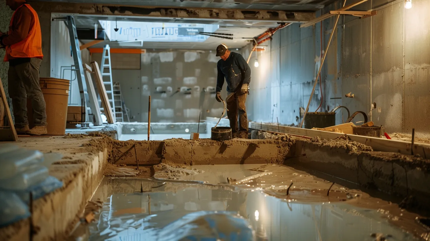 a well-lit residential basement showcases the waterproofing process, featuring exposed concrete walls with membranes applied, as a contractor expertly seals cracks with hydraulic cement and another installs a french drain, highlighting a clean and professional workspace. a well-lit residential basement showcases the waterproofing process, featuring exposed concrete walls with membranes applied, as a contractor expertly seals cracks with hydraulic cement and another installs a french drain, highlighting a clean and professional workspace.