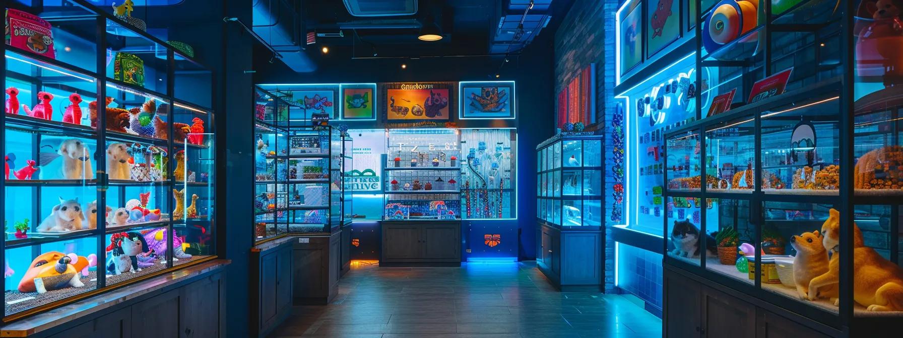 a well-lit modern pet supply store showcases an engaging display of various interactive puzzle toys, each designed to stimulate different breeds and behavioral needs, with vibrant colors and clear labels highlighting their unique features. a well-lit modern pet supply store showcases an engaging display of various interactive puzzle toys, each designed to stimulate different breeds and behavioral needs, with vibrant colors and clear labels highlighting their unique features.