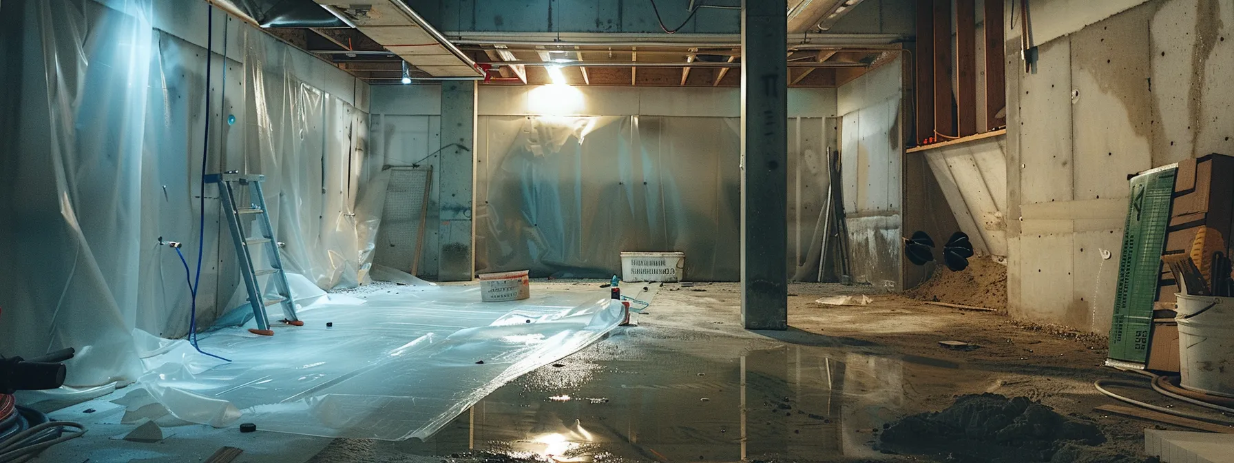 a well-lit basement showcases the innovative waterproofing process, featuring exposed concrete walls with membranes being applied, as contractors expertly seal cracks and install a french drain, creating a clean and professional environment. a well-lit basement showcases the innovative waterproofing process, featuring exposed concrete walls with membranes being applied, as contractors expertly seal cracks and install a french drain, creating a clean and professional environment.
