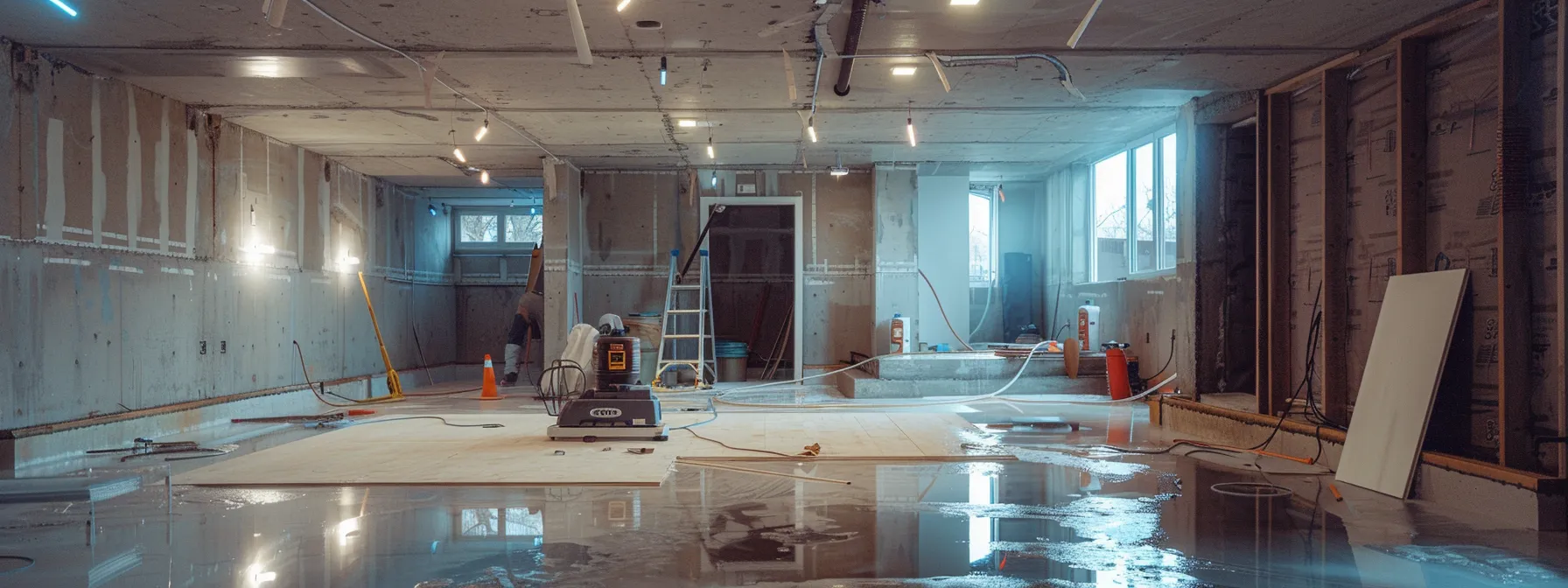 a well-lit residential basement showcases an organized waterproofing process, with contractors applying waterproofing membranes to exposed concrete walls while a sump pump and french drain await installation, emphasizing professionalism and attention to detail. a well-lit residential basement showcases an organized waterproofing process, with contractors applying waterproofing membranes to exposed concrete walls while a sump pump and french drain await installation, emphasizing professionalism and attention to detail.