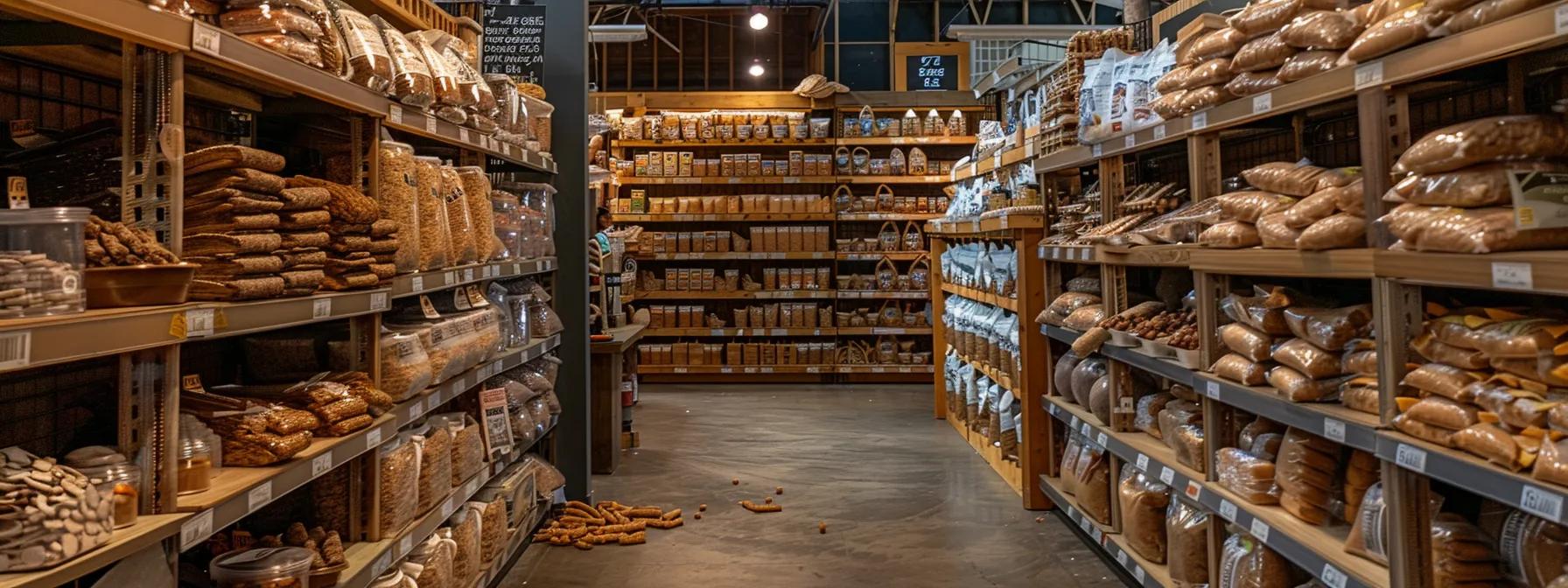 a well-lit pet store aisle displays a variety of rawhide chews and bully sticks on neatly arranged shelves, highlighting informational signs that emphasize safety tips for pet owners regarding choking hazards and digestive risks. a well-lit pet store aisle displays a variety of rawhide chews and bully sticks on neatly arranged shelves, highlighting informational signs that emphasize safety tips for pet owners regarding choking hazards and digestive risks.