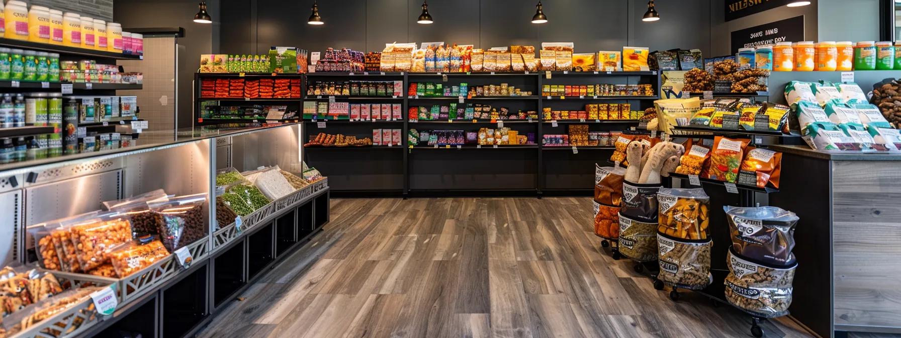 a well-organized, modern pet supply store display showcasing an array of premium freeze-dried chicken dog treats with clear labeling, vibrant packaging, and highlighted nutritional benefits, creating an inviting atmosphere for pet owners. a well-organized, modern pet supply store display showcasing an array of premium freeze-dried chicken dog treats with clear labeling, vibrant packaging, and highlighted nutritional benefits, creating an inviting atmosphere for pet owners.