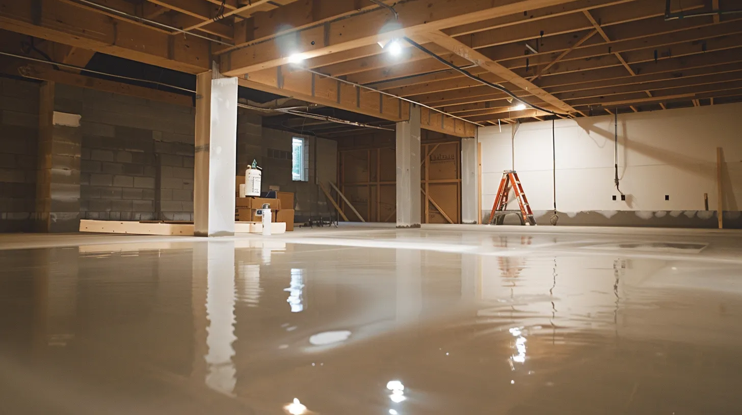 a well-lit residential basement showcases the waterproofing process with exposed concrete walls, as contractors expertly apply membranes and seal cracks, highlighting the meticulous craftsmanship that ensures a dry, secure home. a well-lit residential basement showcases the waterproofing process with exposed concrete walls, as contractors expertly apply membranes and seal cracks, highlighting the meticulous craftsmanship that ensures a dry, secure home.