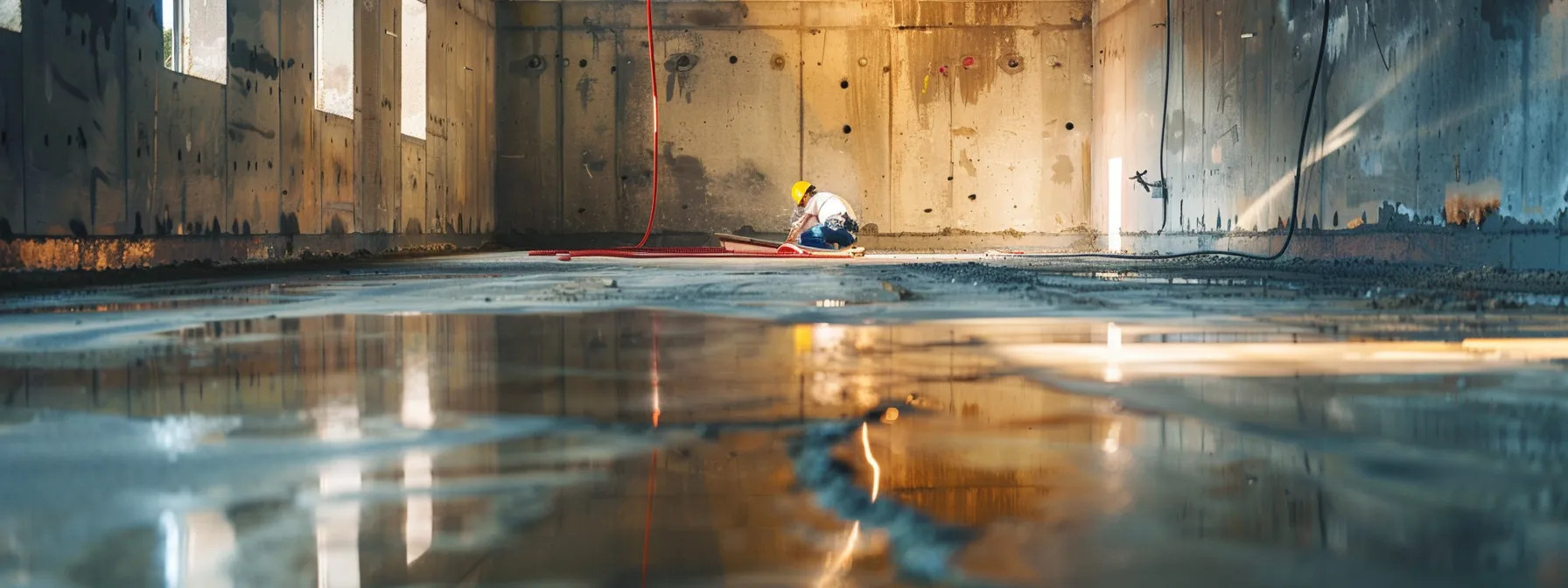 a well-lit basement undergoing waterproofing showcases exposed concrete walls and floors, with a contractor diligently sealing cracks with hydraulic cement while another skillfully installs a french drain, highlighting a clean and professional workspace ready for preventative measures against moisture and mildew. a well-lit basement undergoing waterproofing showcases exposed concrete walls and floors, with a contractor diligently sealing cracks with hydraulic cement while another skillfully installs a french drain, highlighting a clean and professional workspace ready for preventative measures against moisture and mildew.