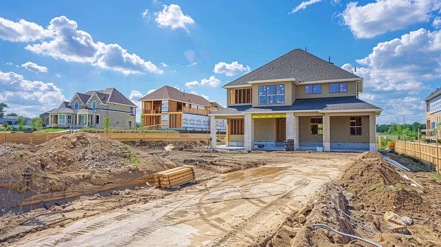 a well-organized construction site showcases a sleek custom home under a bright blue sky, with compliance checklists prominently displayed on a nearby table, emphasizing the importance of adhering to zoning laws and regulations. a well-organized construction site showcases a sleek custom home under a bright blue sky, with compliance checklists prominently displayed on a nearby table, emphasizing the importance of adhering to zoning laws and regulations.