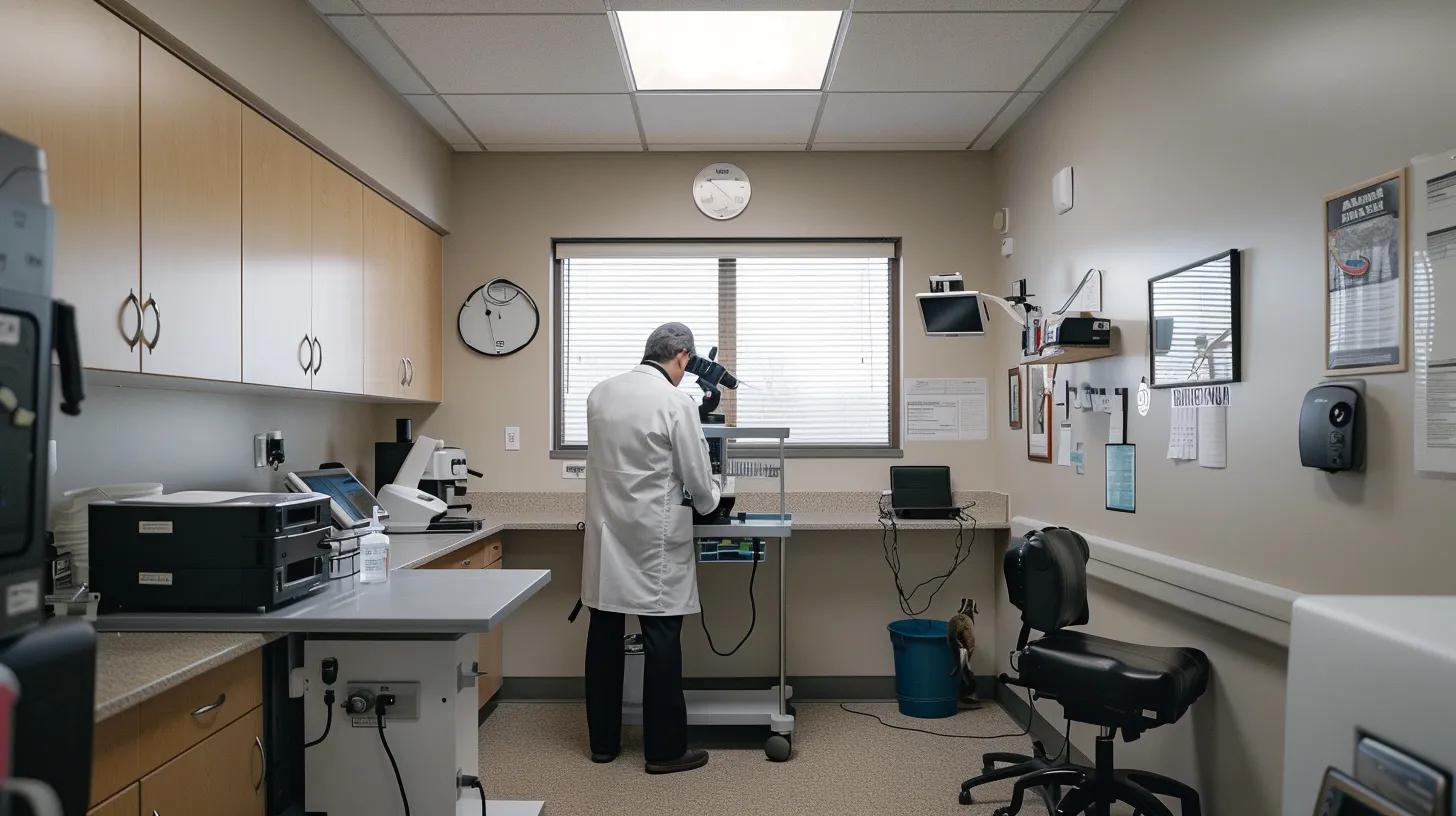 a well-lit veterinary examination room showcases a focused veterinarian using an advanced eye examination tool on a curious dog, symbolizing proactive eye care and education in pet health. a well-lit veterinary examination room showcases a focused veterinarian using an advanced eye examination tool on a curious dog, symbolizing proactive eye care and education in pet health.