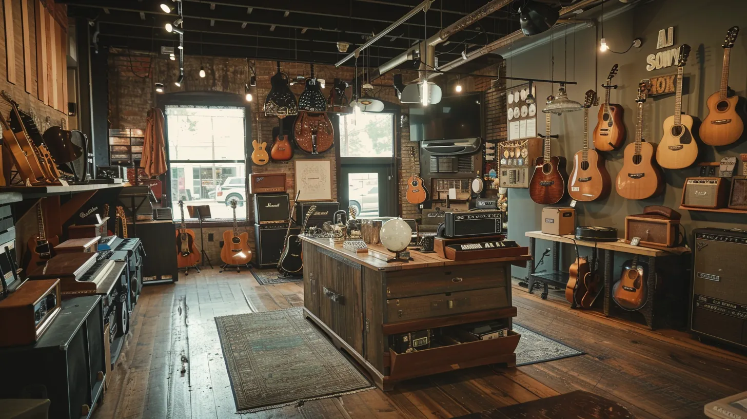 a well-lit, organized pawn shop interior showcases a diverse array of musical instruments, highlighting an inviting wooden counter where customers explore the pawn process, emphasizing the vibrant colors and textures of guitars and drums displayed prominently. a well-lit, organized pawn shop interior showcases a diverse array of musical instruments, highlighting an inviting wooden counter where customers explore the pawn process, emphasizing the vibrant colors and textures of guitars and drums displayed prominently.