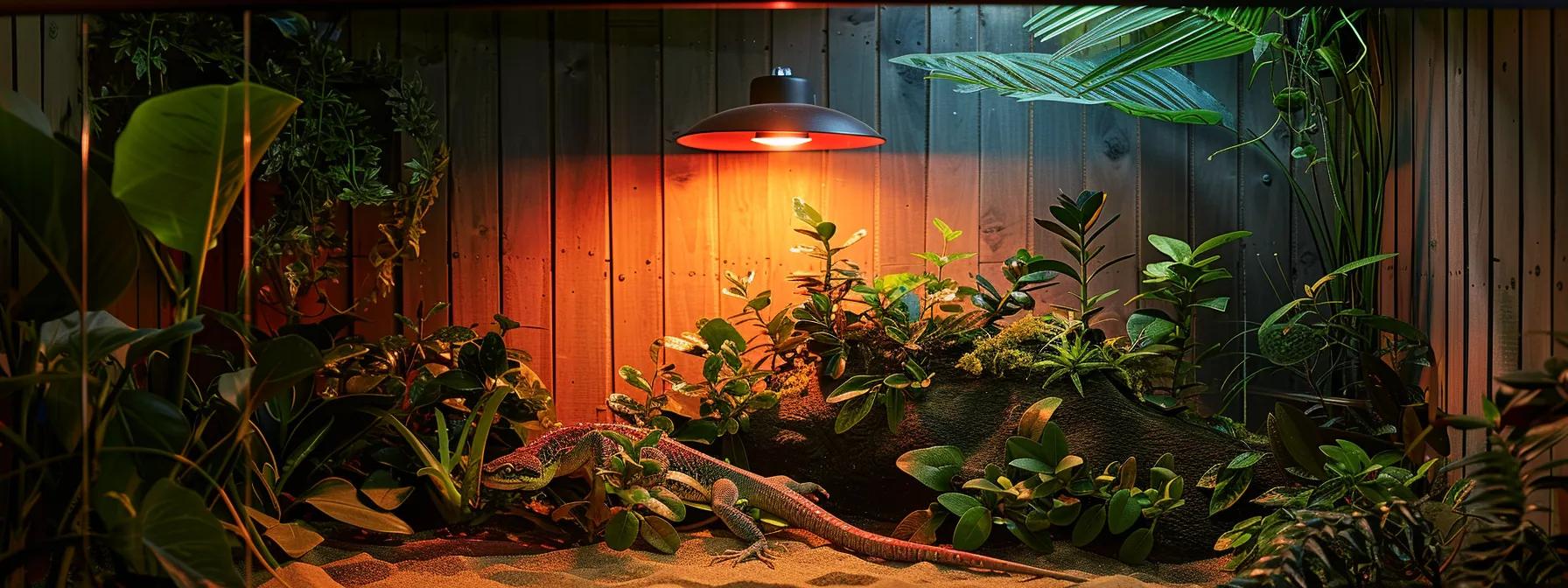 a well-organized reptile habitat features a warm, metallic heat lamp securely mounted above a basking area, showcasing a clear focus on safety precautions and optimal conditions for the reptile's well-being. a well-organized reptile habitat features a warm, metallic heat lamp securely mounted above a basking area, showcasing a clear focus on safety precautions and optimal conditions for the reptile's well-being.