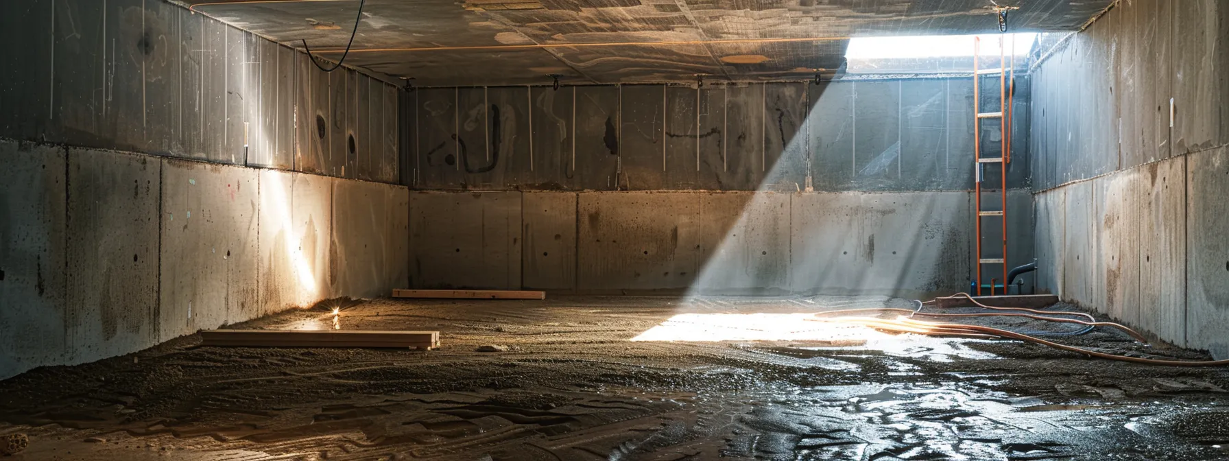 a well-lit basement showcases the dynamic waterproofing process, featuring exposed concrete walls as a contractor applies hydraulic cement to seal cracks, while another installs a french drain, creating a secure and professional workspace ready for a sump pump installation. a well-lit basement showcases the dynamic waterproofing process, featuring exposed concrete walls as a contractor applies hydraulic cement to seal cracks, while another installs a french drain, creating a secure and professional workspace ready for a sump pump installation.