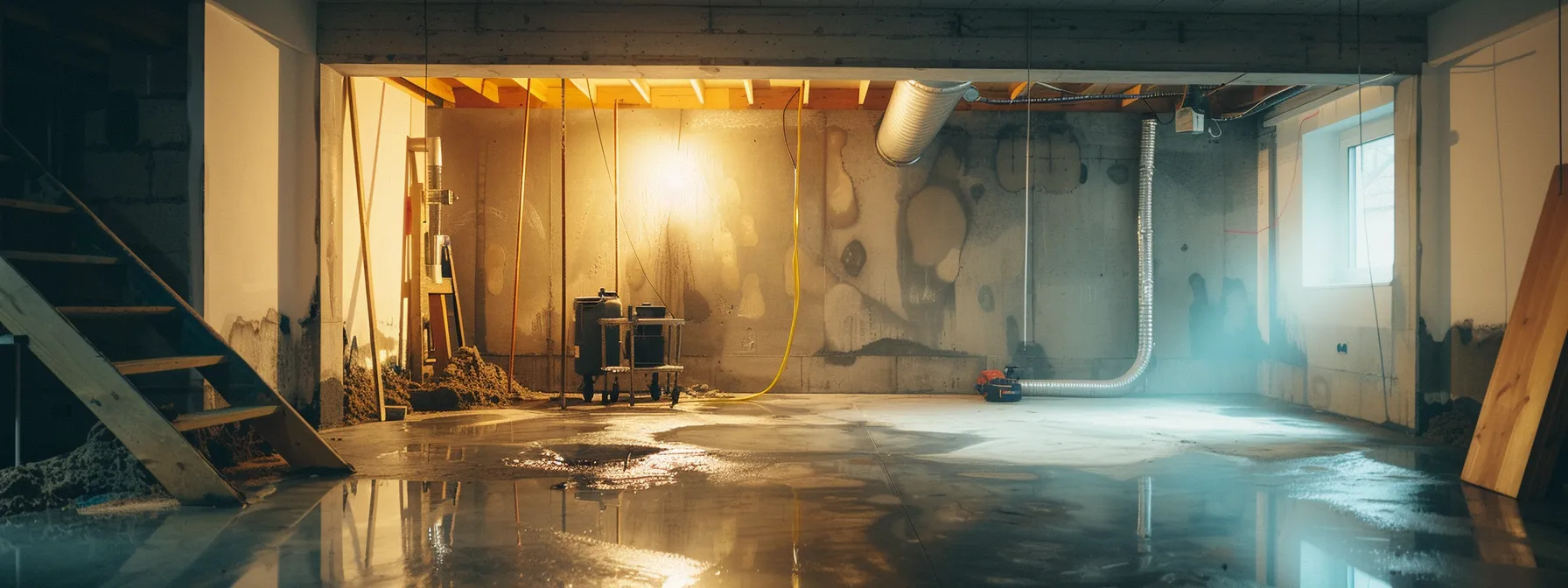 a well-lit basement showcases a professional waterproofing process, featuring exposed concrete walls as a contractor diligently applies hydraulic cement to seal cracks while another installs a french drain, with a sump pump positioned in the corner, all within a clean and organized workspace. a well-lit basement showcases a professional waterproofing process, featuring exposed concrete walls as a contractor diligently applies hydraulic cement to seal cracks while another installs a french drain, with a sump pump positioned in the corner, all within a clean and organized workspace.