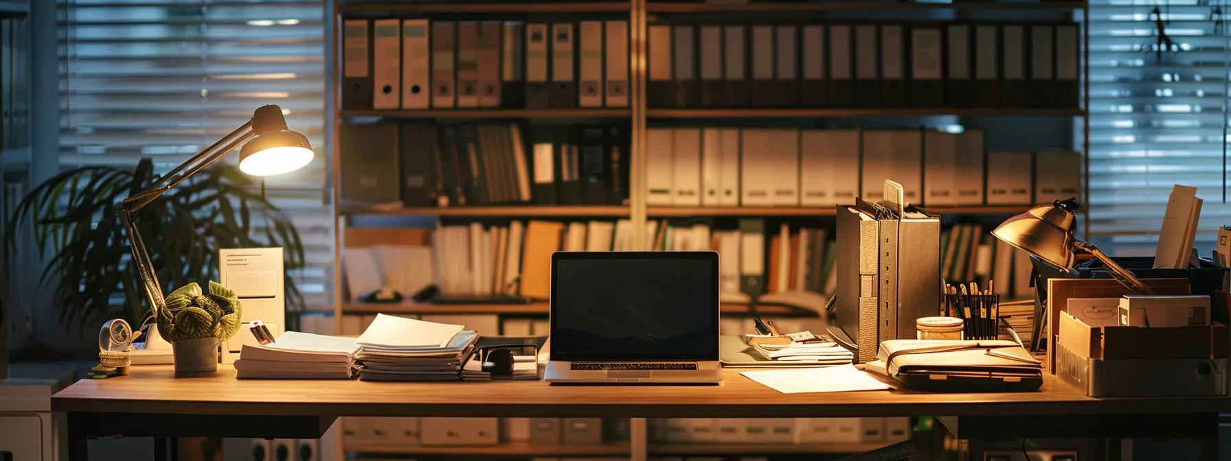 a well-organized office desk displays neatly arranged insurance documents and a laptop, illuminated by focused task lighting, conveying a sense of efficient preparedness for navigating the roof claims procedure. a well-organized office desk displays neatly arranged insurance documents and a laptop, illuminated by focused task lighting, conveying a sense of efficient preparedness for navigating the roof claims procedure.