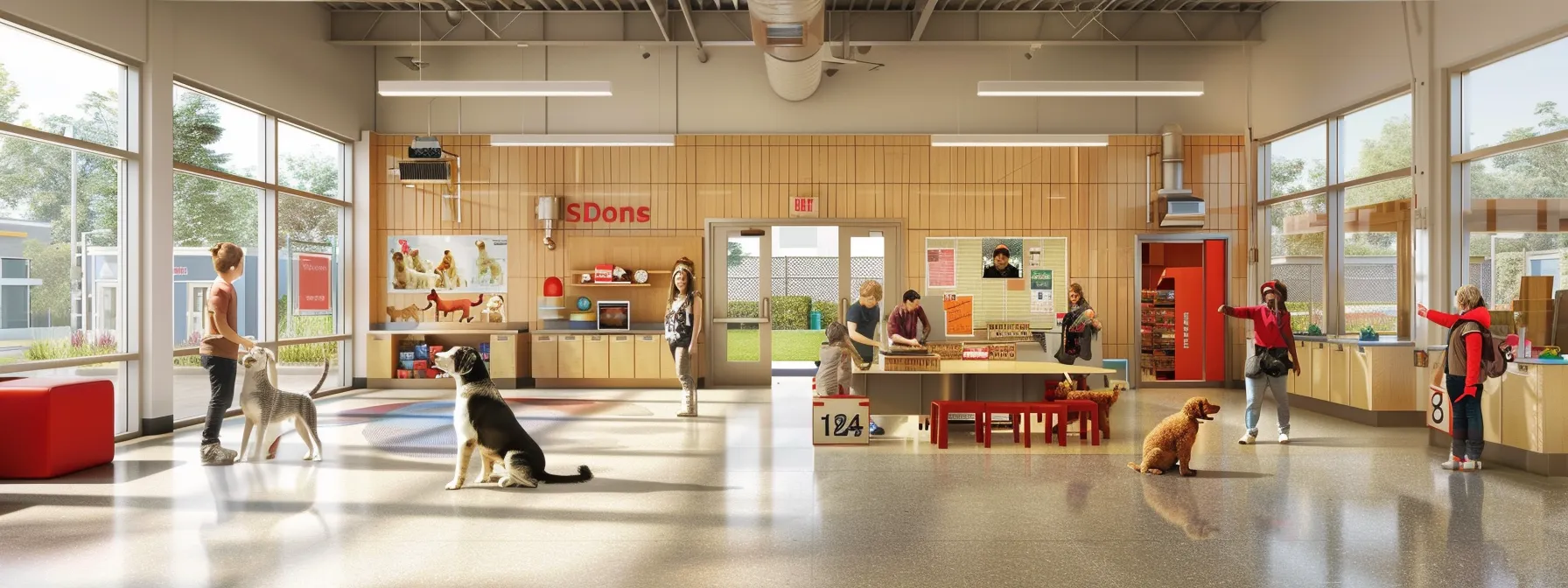a well-organized indoor training facility features a diverse group of animated doodles and retrievers engaging with enthusiastic staff members, highlighting the importance of comprehensive emergency action plans and pet safety protocols in action, with clear evacuation routes and first aid stations prominently displayed.