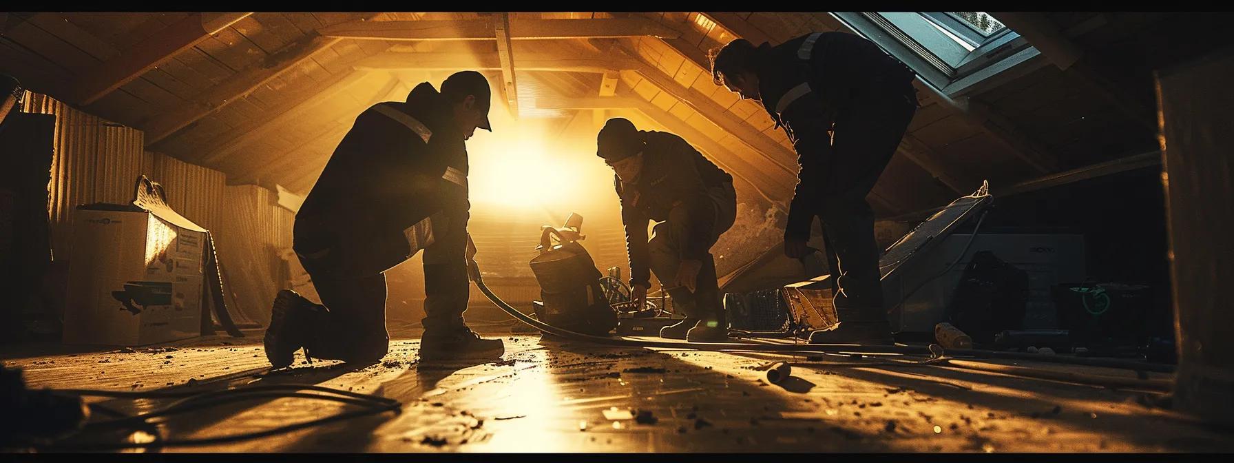 a well-organized roofing maintenance workshop, featuring a team of professionals examining shingles and tools under bright, focused artificial lighting, emphasizing proactive maintenance strategies for extending the lifespan of roofs.